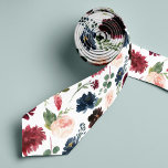 Radiant Bloom | Large Scale Floral Patterned Tie<br><div class="desc">Carry your wedding colours through to the groomsmen's attire with this colourfully patterned necktie. Designed to match our Radiant Bloom collection,  design features larger-scale watercolor flowers in shades of blush pink,  navy blue,  and rich burgundy,  interspersed with green botanical foliage on a white background.</div>