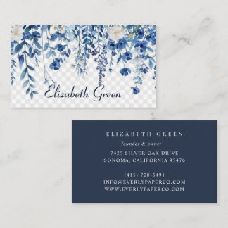 Radiant Bloom | Navy Blue Watercolor Floral Busine Business Card