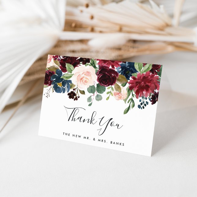 Radiant Bloom | Navy & Burgundy Watercolor Floral Thank You Card (Creator Uploaded)