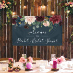 Radiant Bloom Shower Welcome Banner<br><div class="desc">Two lines of custom text allow you to easily customise this pretty floral banner for a bridal shower, birthday, sweet sixteen, quinceanera, or other event. Design features a top border of jewel tone watercolor flowers and lush green botanical foliage on a rich navy blue background. Need help customising? Contact me...</div>