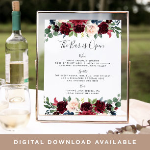 Radiant Bloom Wedding Bar Menu Sign