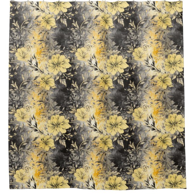 Radiant Blooms: Yellow & Black Floral Shower Curtain (Front)