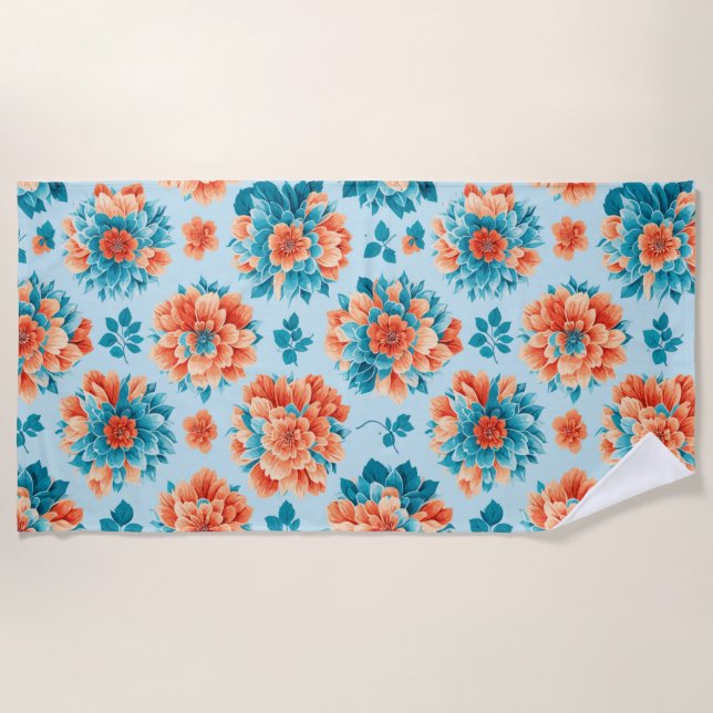 Radiant Blue and Orange Floral Art Beach Towel (Front)
