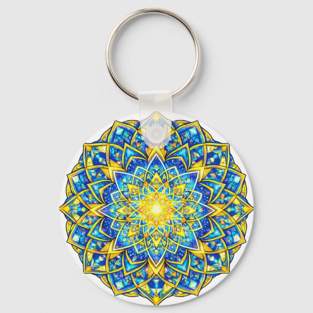 Radiant Blue Gold Mandala - Sun Harmony Keychain (Front)