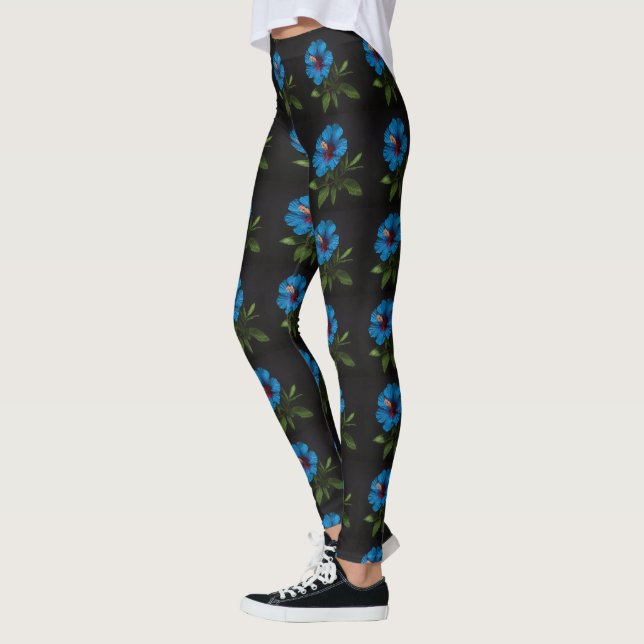 "Radiant Blue: Hibiscus Flower On Black  Leggings (Left)