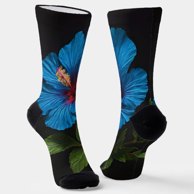 "Radiant Blue: Hibiscus Flower On Black  Socks (Angled)