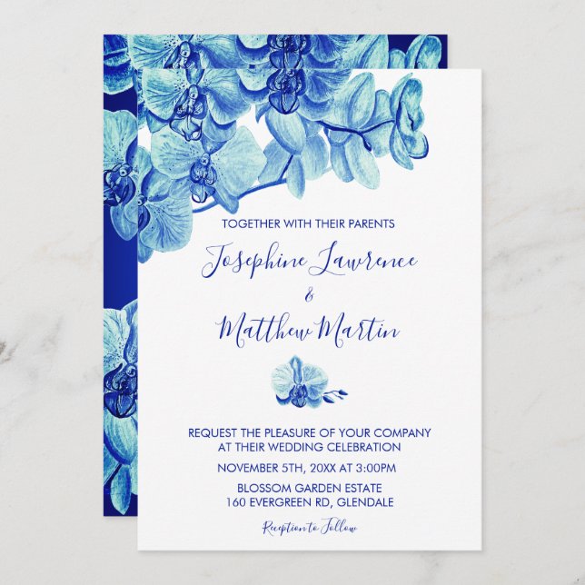 Radiant Blue Orchids Wedding Invitation (Front/Back)