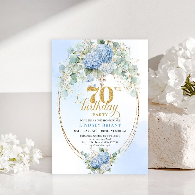 Radiant Boho Blue Floral Gold Frame 70th Birthday Invitation (Radiant Blue Floral Gold Frame 70th Birthday Invite

)