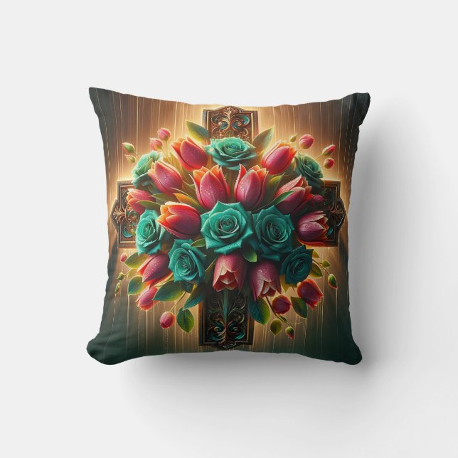“Radiant Christian Cross Florals with Raindrops" Cushion (Front)
