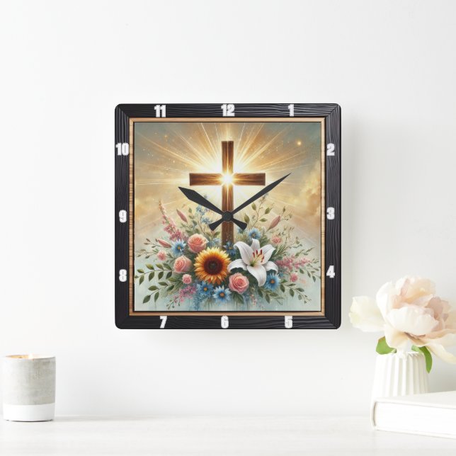 Radiant Cross Floral Spiritual Square Wall Clock (Home)