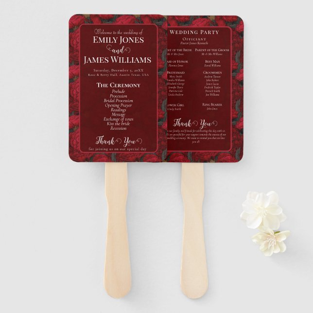 Radiant Custom Carnation Themed Wedding Program Hand Fan (Front and Back)