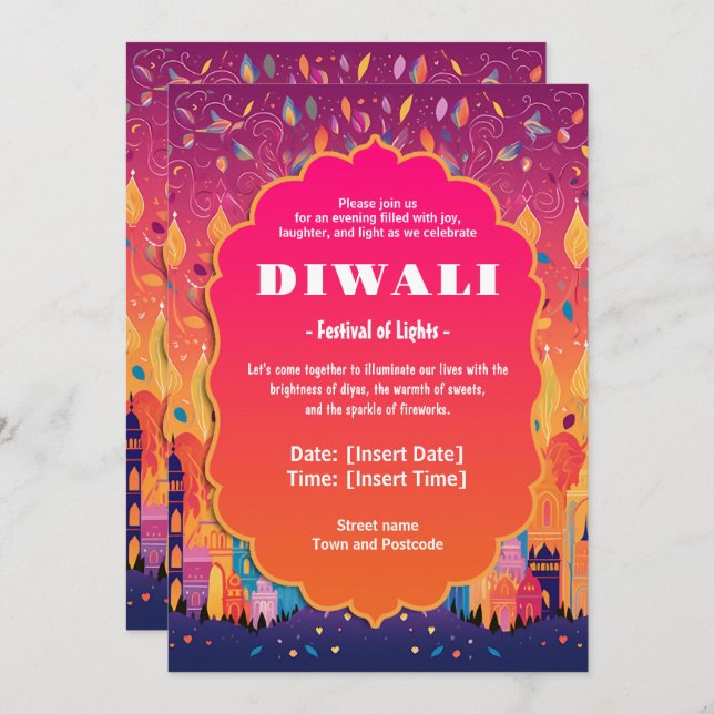 Radiant Diwali Blossoms Invitation (Front/Back)