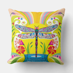 Radiant Dragonfly and Wildflowers Cushion