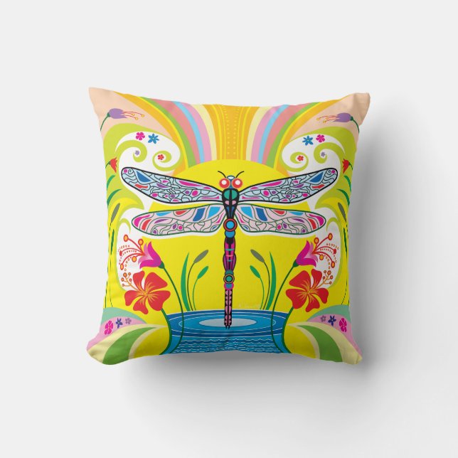 Radiant Dragonfly and Wildflowers Cushion (Front)