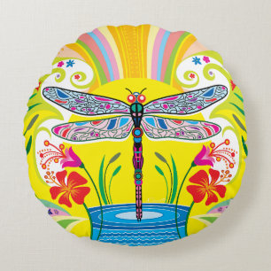 Radiant Dragonfly and Wildflowers Round Cushion