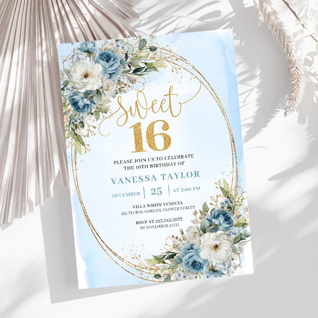 Radiant Dusty Blue Floral Sweet Sixteen Birthday  Invitation (Radiant Dusty Blue Floral Sweet Sixteen Birthday Invitation

)