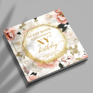 Radiant Dusty Pink Gold Floral Birthday Guest Book