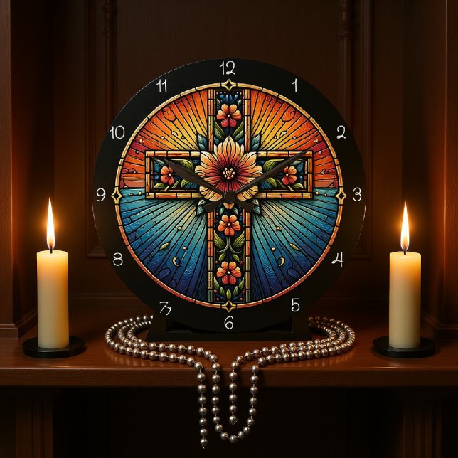 Radiant Floral Cross Stained Glass  Large Clock (Creator Uploaded)