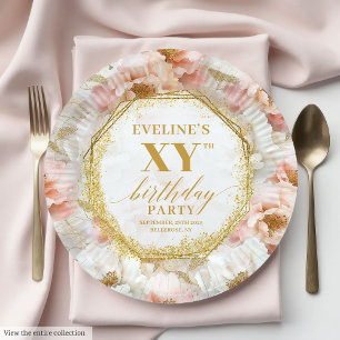 Radiant Floral Ivory Gold Birthday Paper Plates