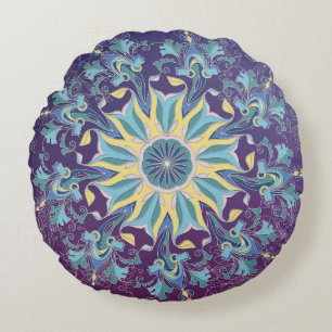 Radiant Floral Mandala Round Throw Pillow 