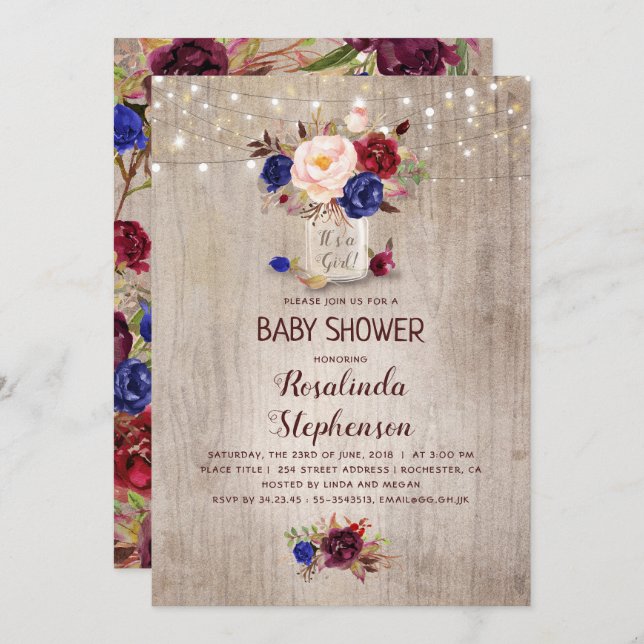 Radiant Floral Mason Jar Rustic Baby Shower Invitation (Front/Back)