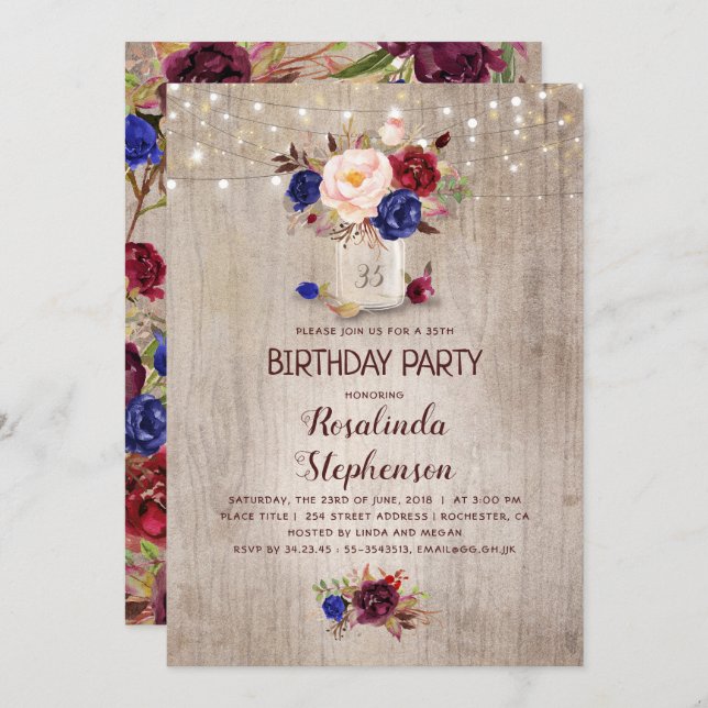 Radiant Floral Mason Jar Rustic Birthday Party Invitation (Front/Back)