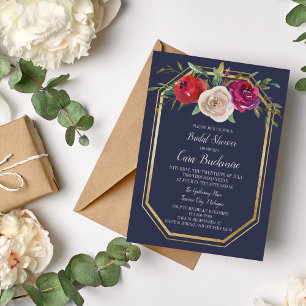 Radiant Floral Navy Blue Burgundy Bridal Shower Invitation