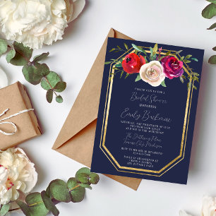 Radiant Floral Navy Blue Burgundy Bridal Shower Invitation