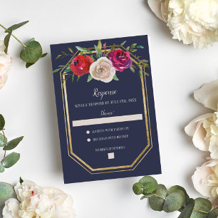 Radiant Floral Navy Blue Burgundy Gold Wedding RSVP Card