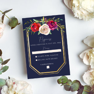 Radiant Floral Navy Blue Burgundy Gold Wedding RSVP Card