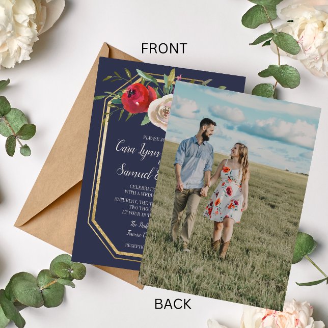 Radiant Floral Navy Blue Burgundy Photo Wedding Invitation (Creator Uploaded)