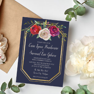 Radiant Floral Navy Blue Burgundy Red Wedding Invitation