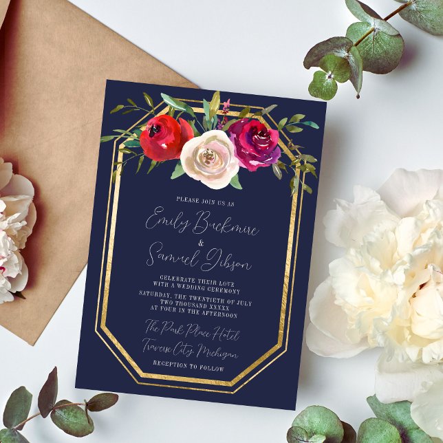 Radiant Floral Navy Blue Burgundy Red Wedding Invitation (Creator Uploaded)