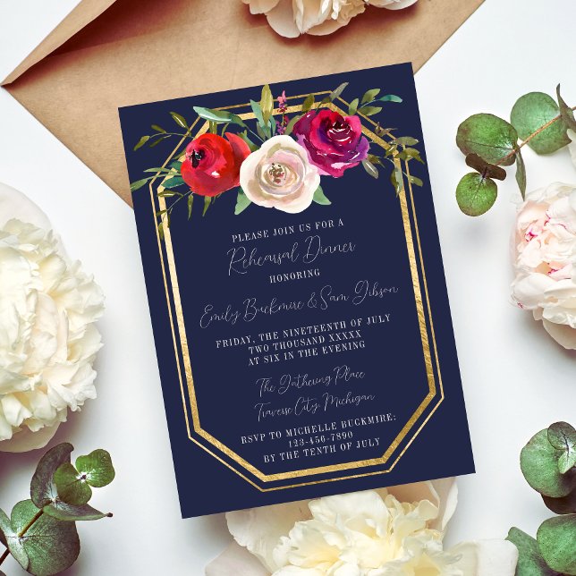 Radiant Floral Navy Blue Burgundy Rehearsal Dinner Invitation (Creator Uploaded)