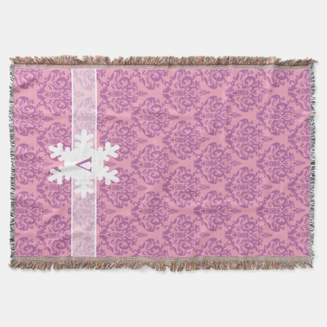 Radiant Frosted Orchid Damask with Snowflake Throw Blanket (Front)