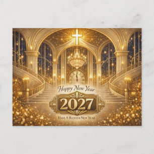 Radiant Gold Christian Blessed New Year 2027 Holiday Postcard