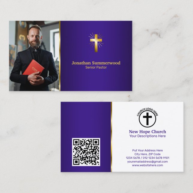 Radiant Gold Cross Pastor Photo Royal Purple Business Card (Front/Back)