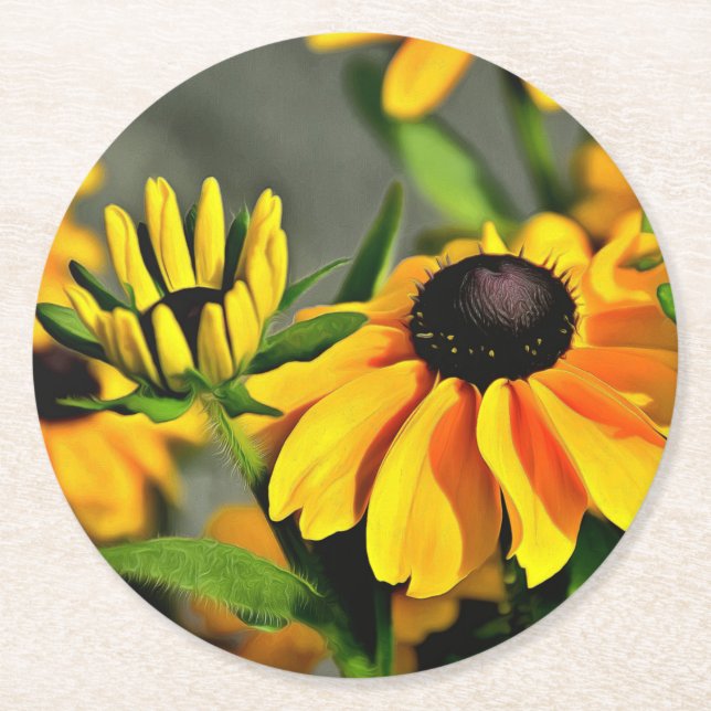 Radiant Golden Black Eyed Susan Rudbeckias Round Paper Coaster (Front)