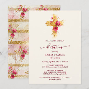 Radiant Golden Sparkle Botanical Cross Baptism Invitation