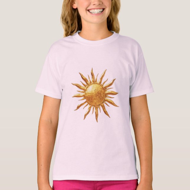 Radiant Golden Sun Celestial Boho Art Design T-Shirt (Front)