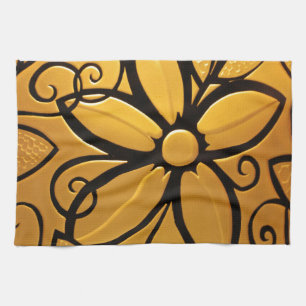 Radiant Golden Yellow Floral Design Tea Towel