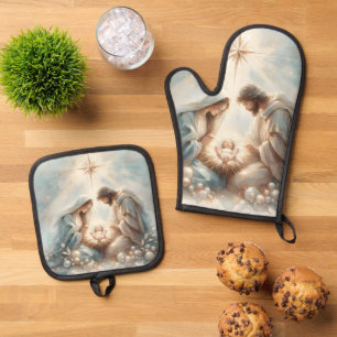 Radiant Holy Family Nativity Scene Oven Mitt & Pot Holder Set