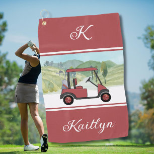 Radiant in Red Golf Gal Cart Monogram Name Towel