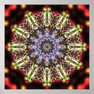Radiant Kaleidoscopic Mandala in Crimson and Gold Poster