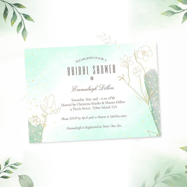Radiant Mint Green Botanical Glitter Bridal Shower Invitation (Creator Uploaded)