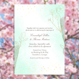 Radiant Mint Green Botanical Glitter Wedding Invitation