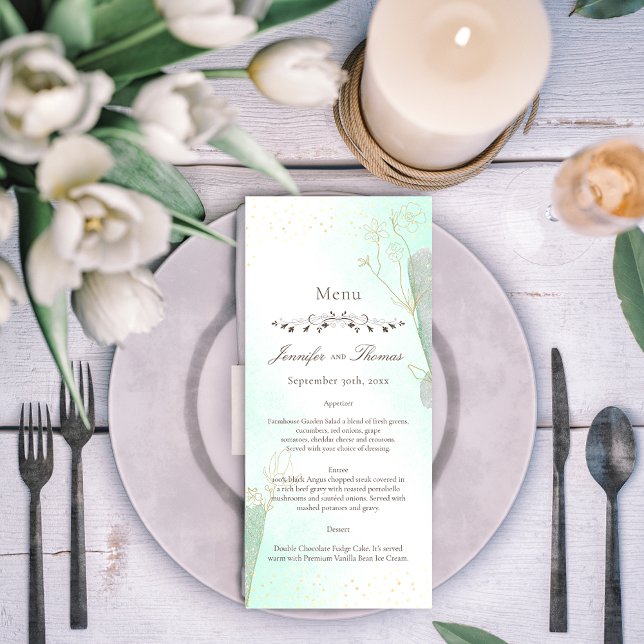 Radiant Mint Green Botanical Glitter Wedding Menu (Creator Uploaded)