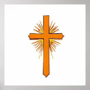 Radiant Orange Christian Cross Illustration Poster