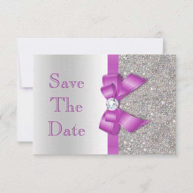 Radiant Orchid Bow & Diamonds Silver Save The Date (Front)