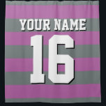 Radiant Orchid Charcoal Sports Jersey Stripe Shower Curtain<br><div class="desc">Preppy Striped Team Jersey / Sports Jersey / Football Jersey / Rugby Jersey with Custom Name Customise this with your own name or team name and a number. You can change the size, colour and placement of the text if you need to make changes, change the colour of or remove...</div>
